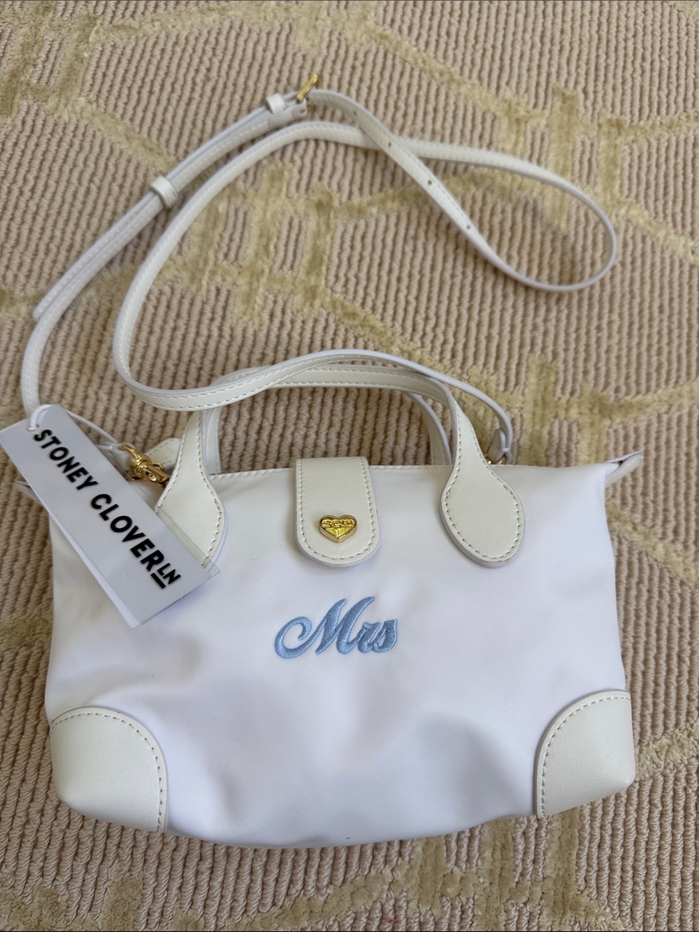 Stoney Clover Lane White Crossbody Mini Bag with Blue "Mrs" Embroidery